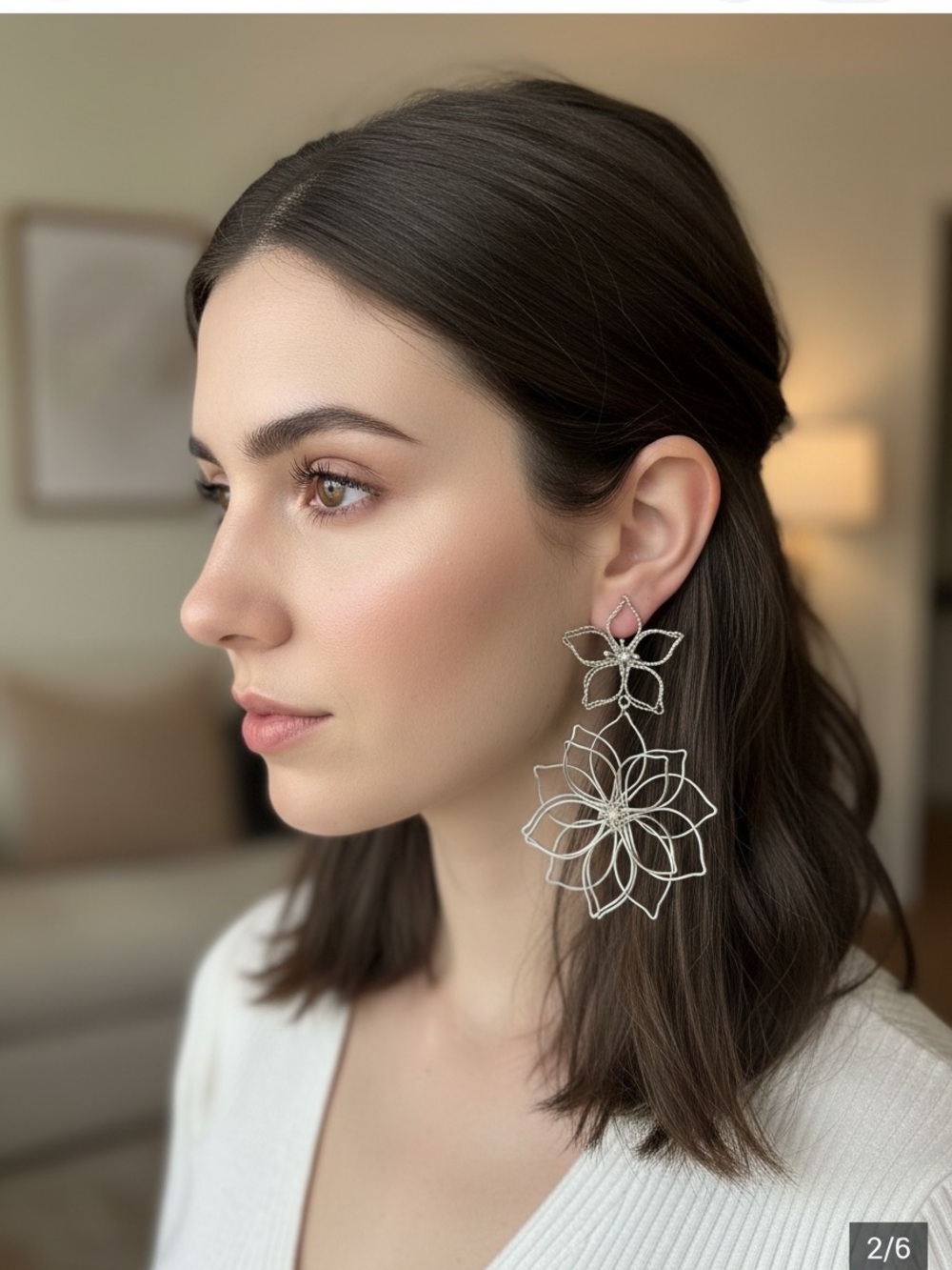 Silver tone Double Wire Floral Drop Earrings